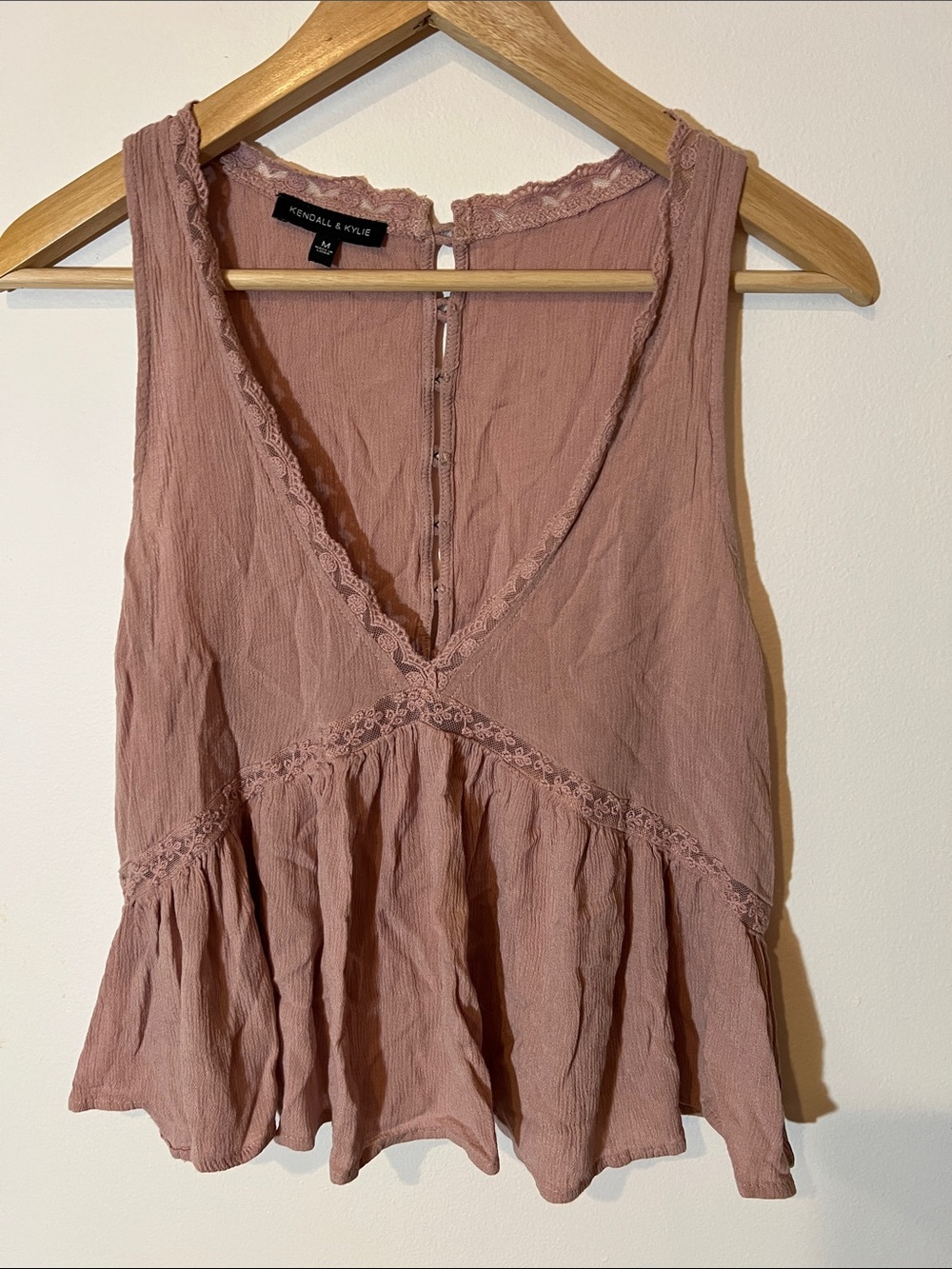 Kendall & Kylie Rose Mauve Lace-Trim Peplum Tank with Button back